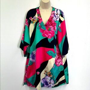 Natori - Bright Colorful V Neck Short Sleeve Mini Slip Pockets Dress Size Large